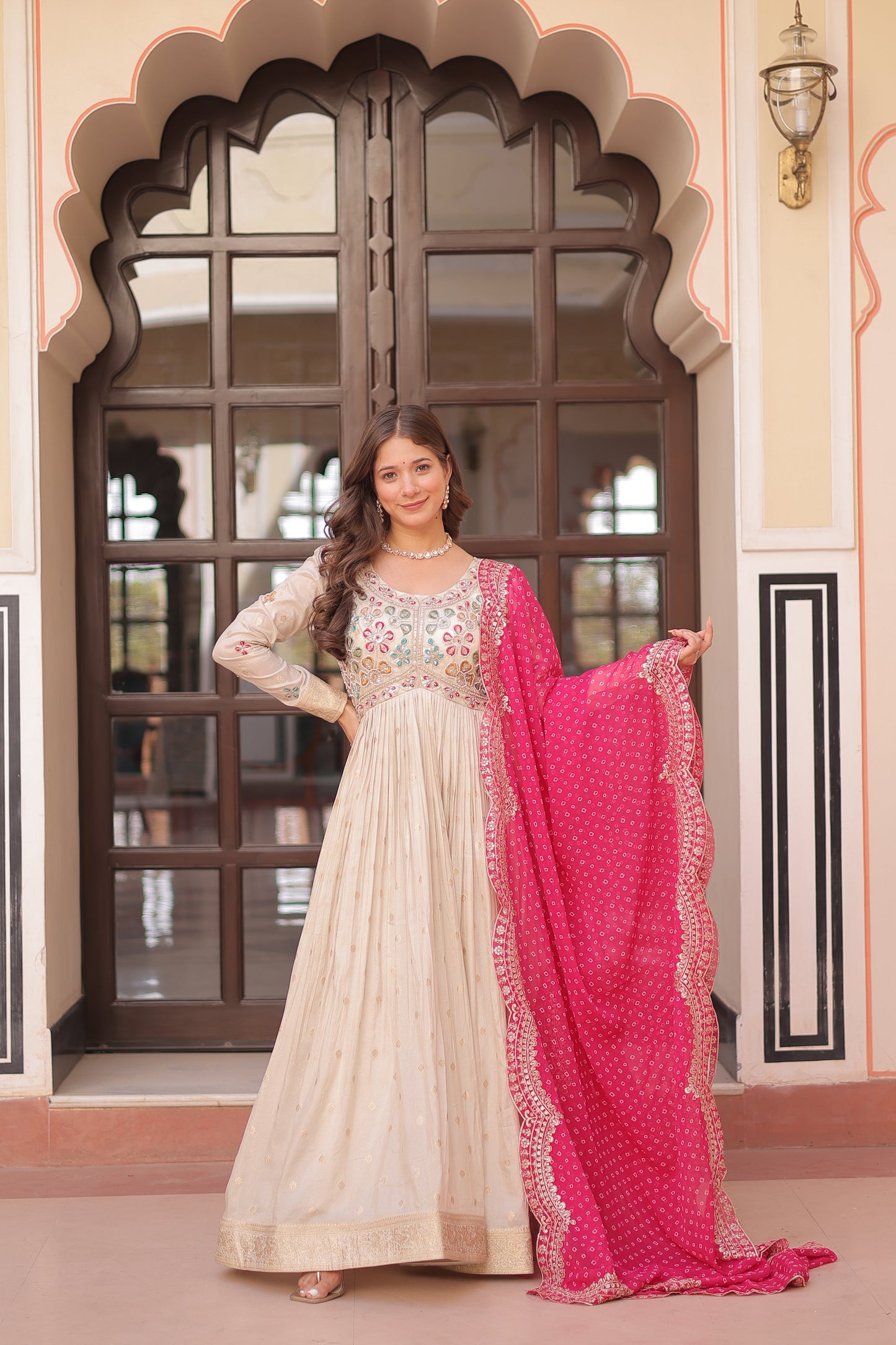 Cosmos Jequard Gown with Bandhani Embroidered Dupatta