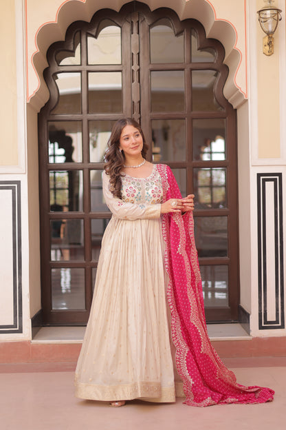 Cosmos Jequard Gown with Bandhani Embroidered Dupatta