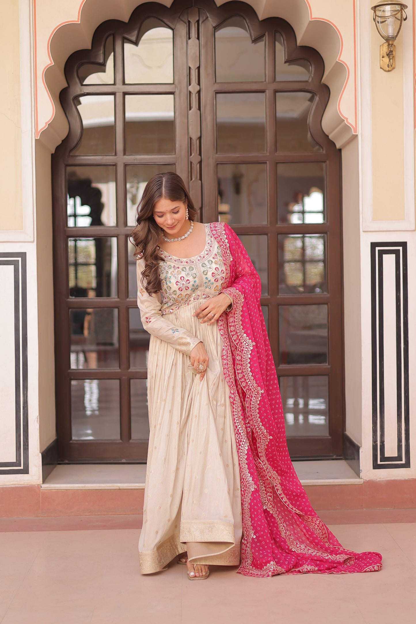 Cosmos Jequard Gown with Bandhani Embroidered Dupatta