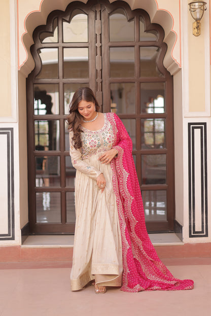 Cosmos Jequard Gown with Bandhani Embroidered Dupatta