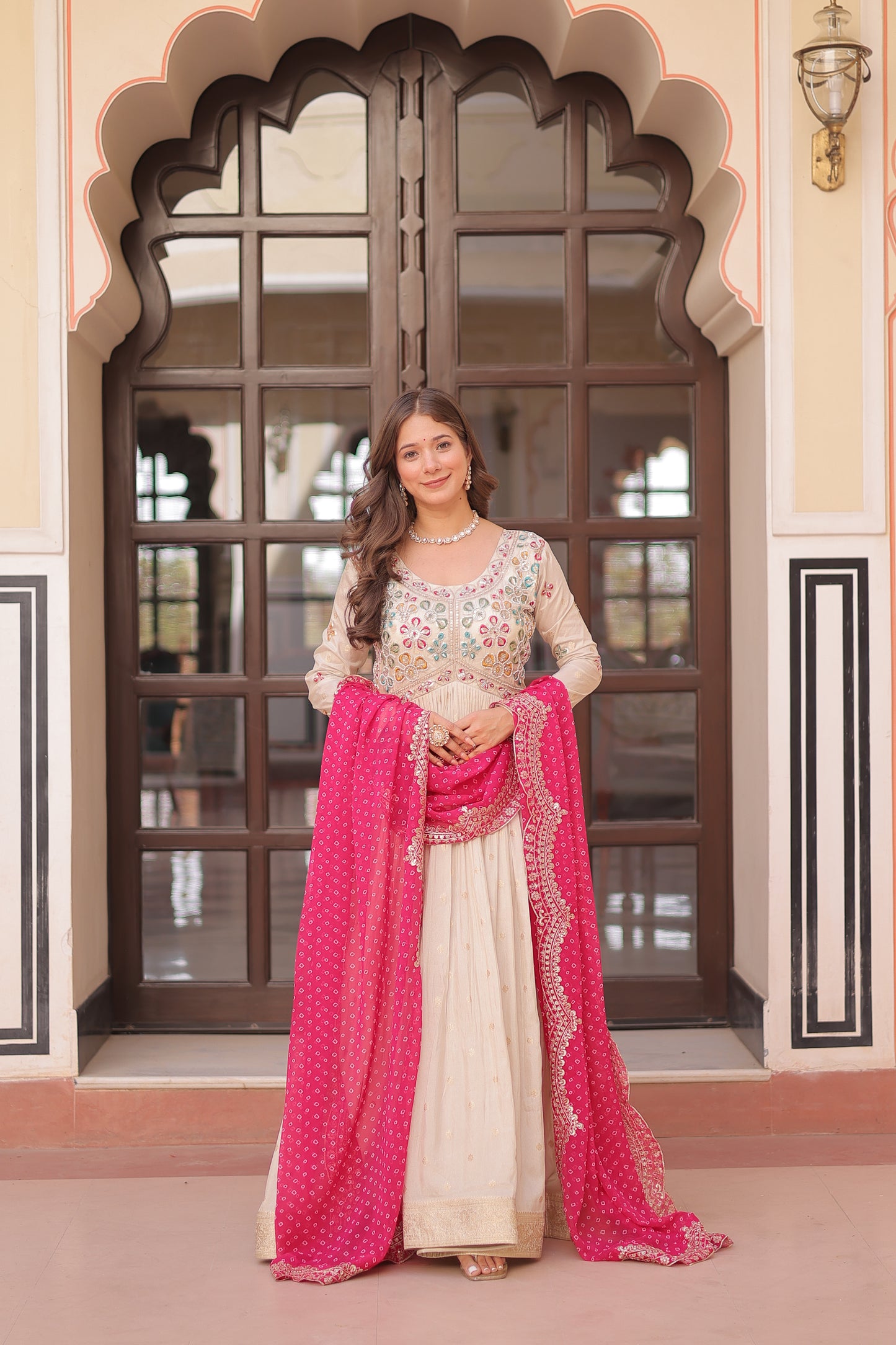 Cosmos Jequard Gown with Bandhani Embroidered Dupatta