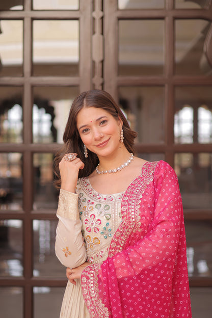 Cosmos Jequard Gown with Bandhani Embroidered Dupatta