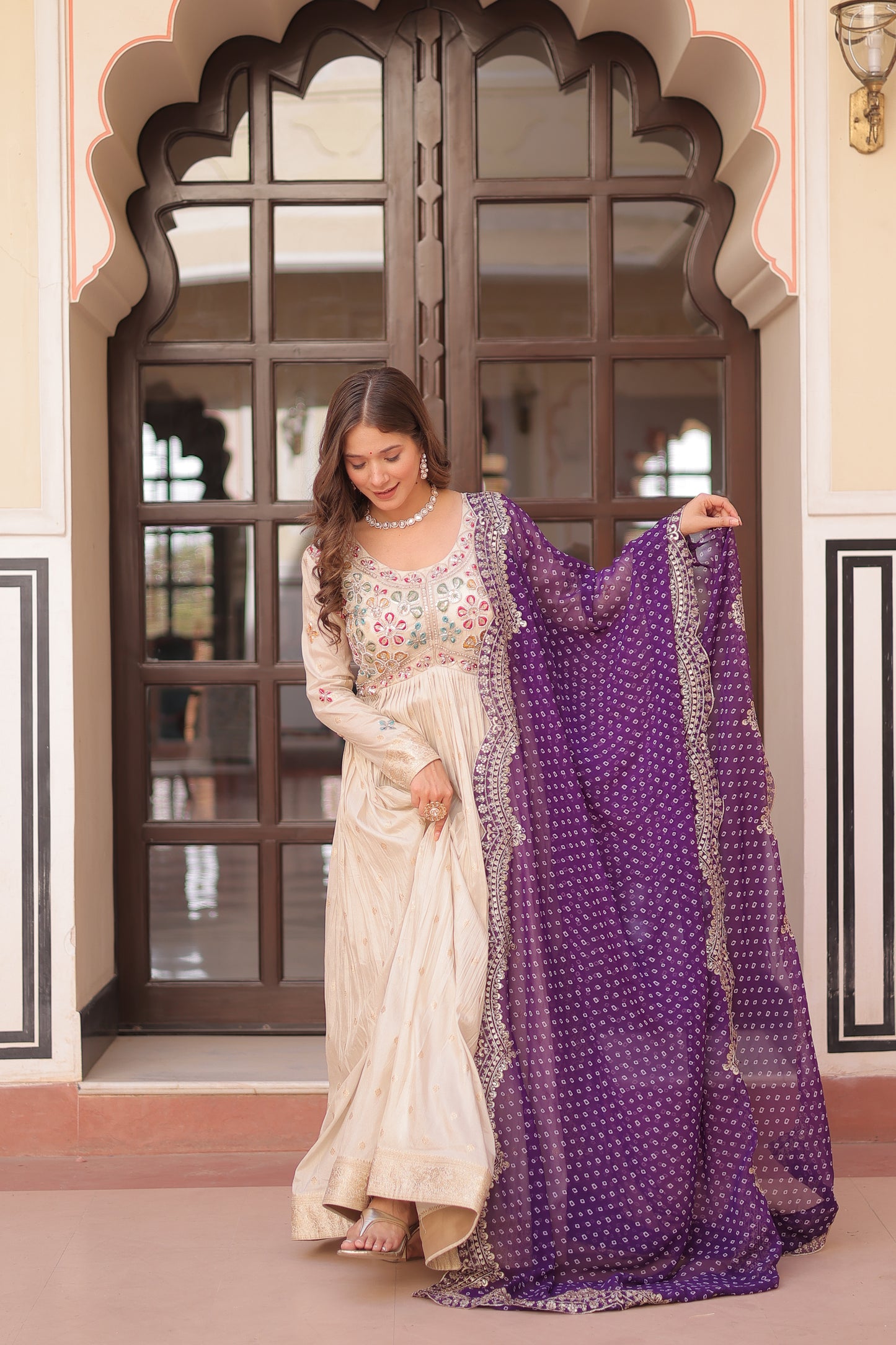 Cosmos Jequard Gown with Bandhani Embroidered Dupatta