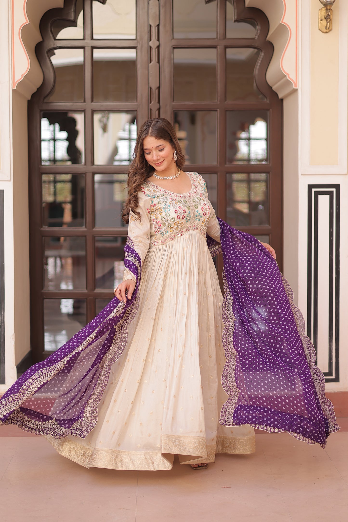Cosmos Jequard Gown with Bandhani Embroidered Dupatta