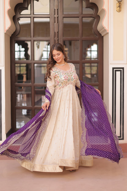 Cosmos Jequard Gown with Bandhani Embroidered Dupatta
