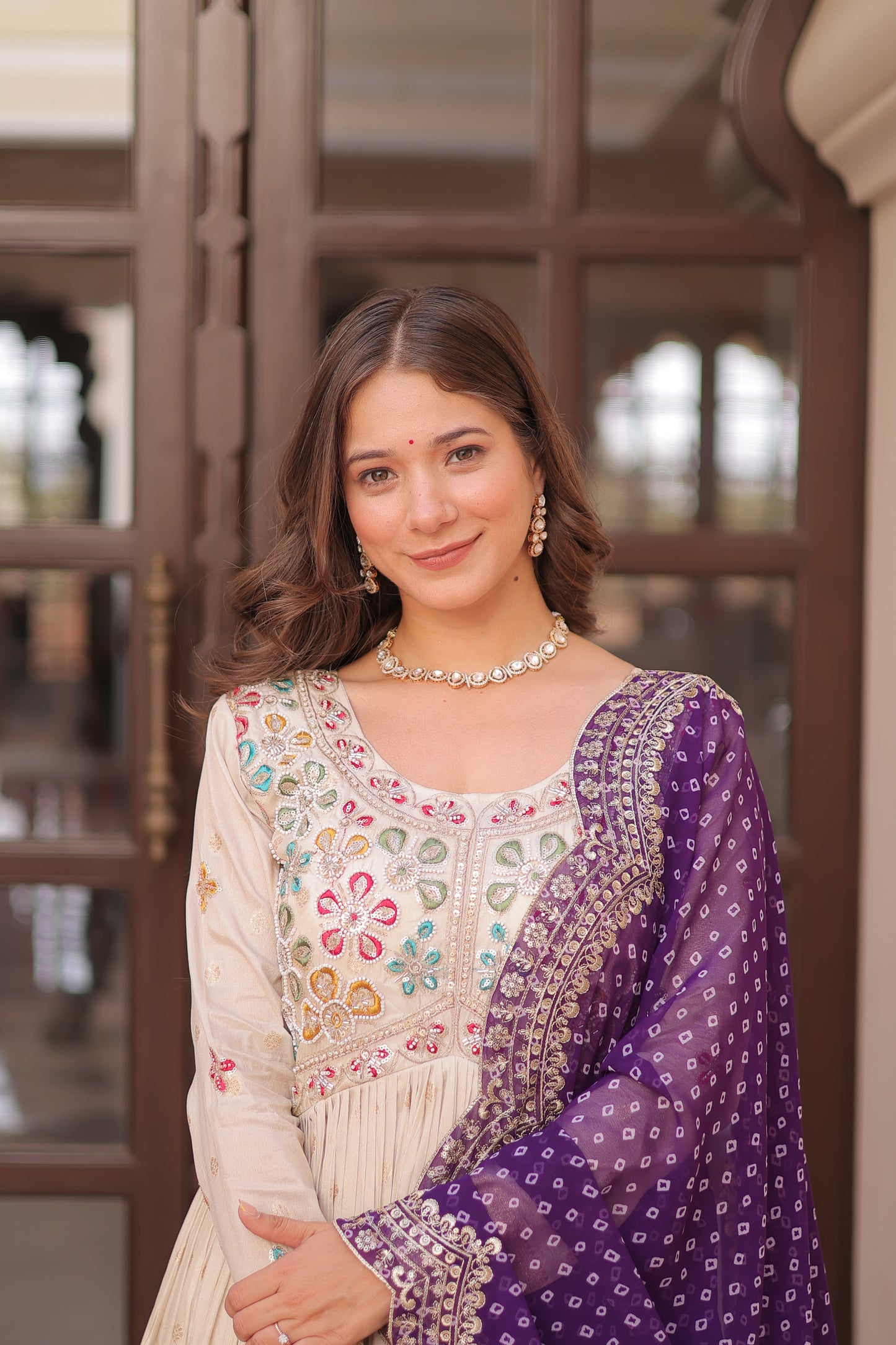 Cosmos Jequard Gown with Bandhani Embroidered Dupatta