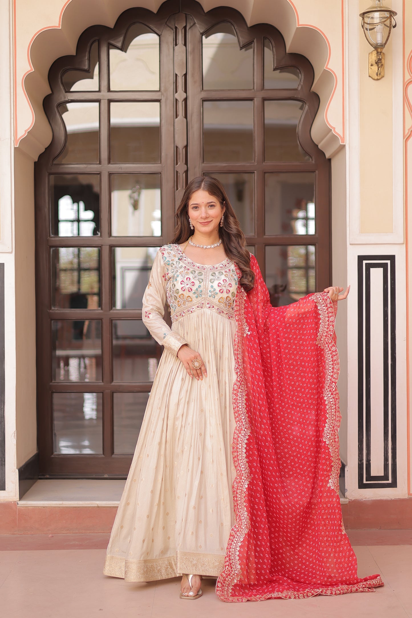 Cosmos Jequard Gown with Bandhani Embroidered Dupatta