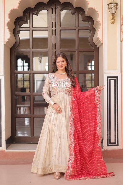 Cosmos Jequard Gown with Bandhani Embroidered Dupatta