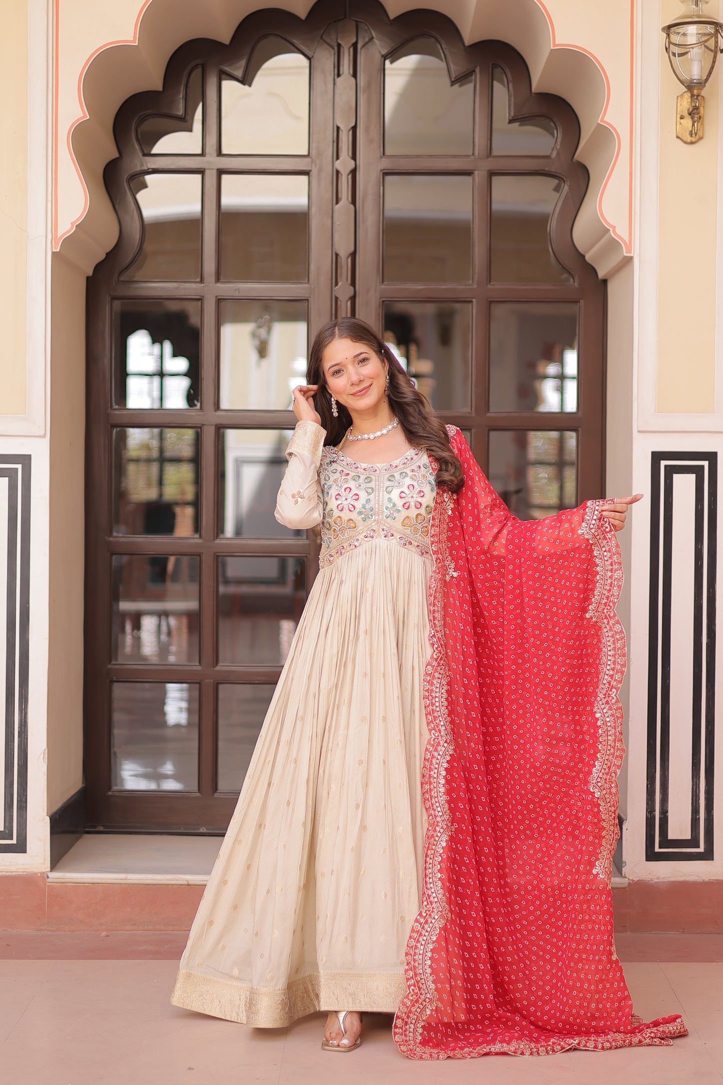 Cosmos Jequard Gown with Bandhani Embroidered Dupatta