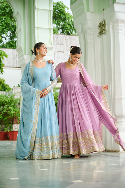 Elegant Dusty Faux Georgette Embroidered Anarkali Gown with Dupatta