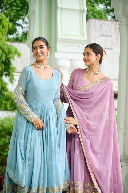 Elegant Dusty Faux Georgette Embroidered Anarkali Gown with Dupatta