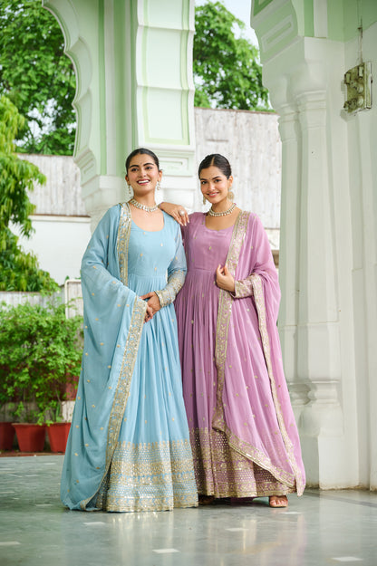 Elegant Dusty Faux Georgette Embroidered Anarkali Gown with Dupatta