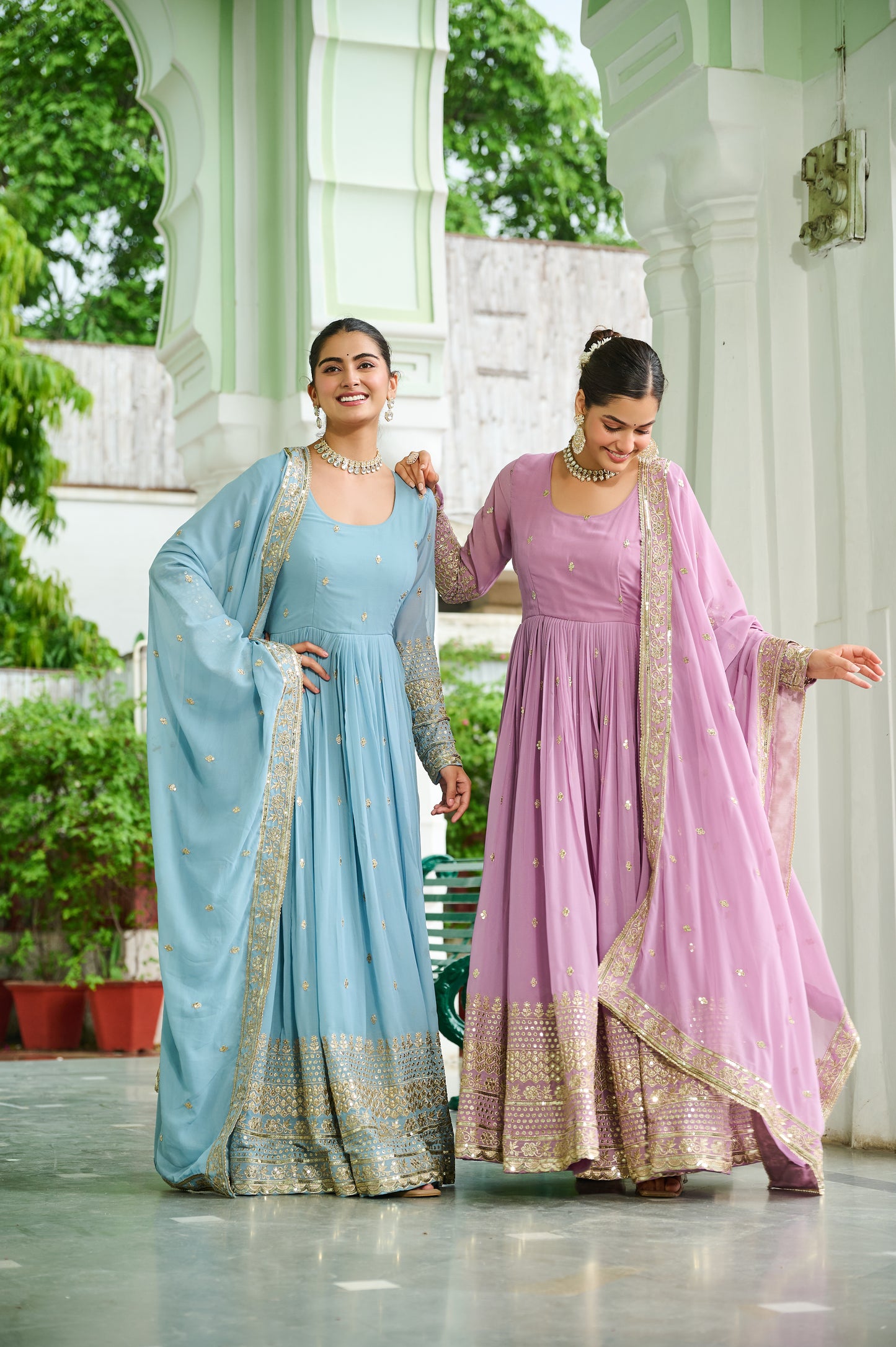Elegant Dusty Faux Georgette Embroidered Anarkali Gown with Dupatta