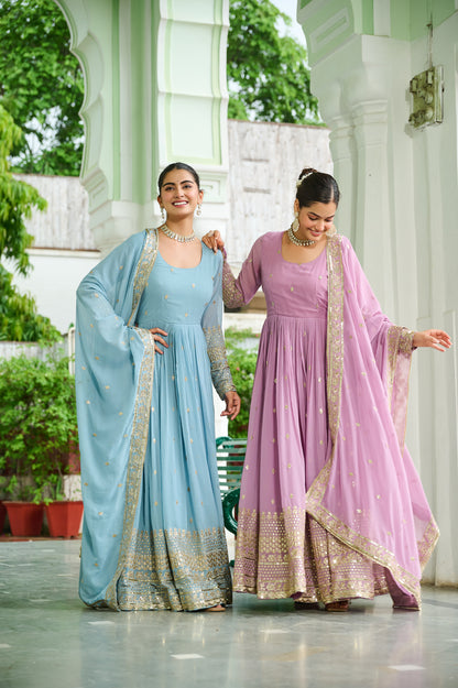 Elegant Dusty Faux Georgette Embroidered Anarkali Gown with Dupatta