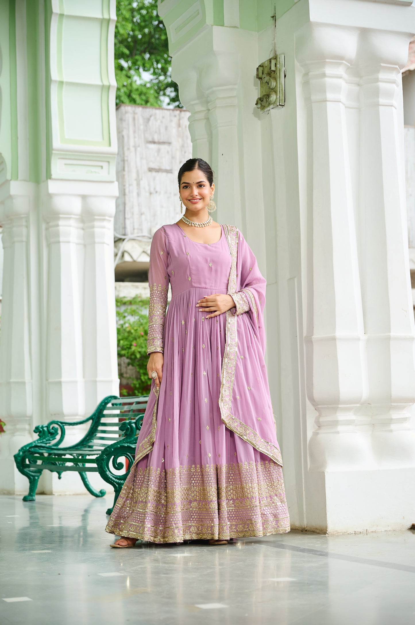 Elegant Dusty Faux Georgette Embroidered Anarkali Gown with Dupatta