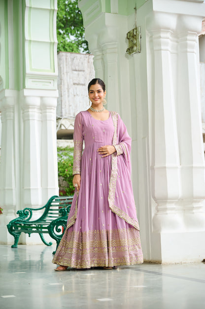 Elegant Dusty Faux Georgette Embroidered Anarkali Gown with Dupatta