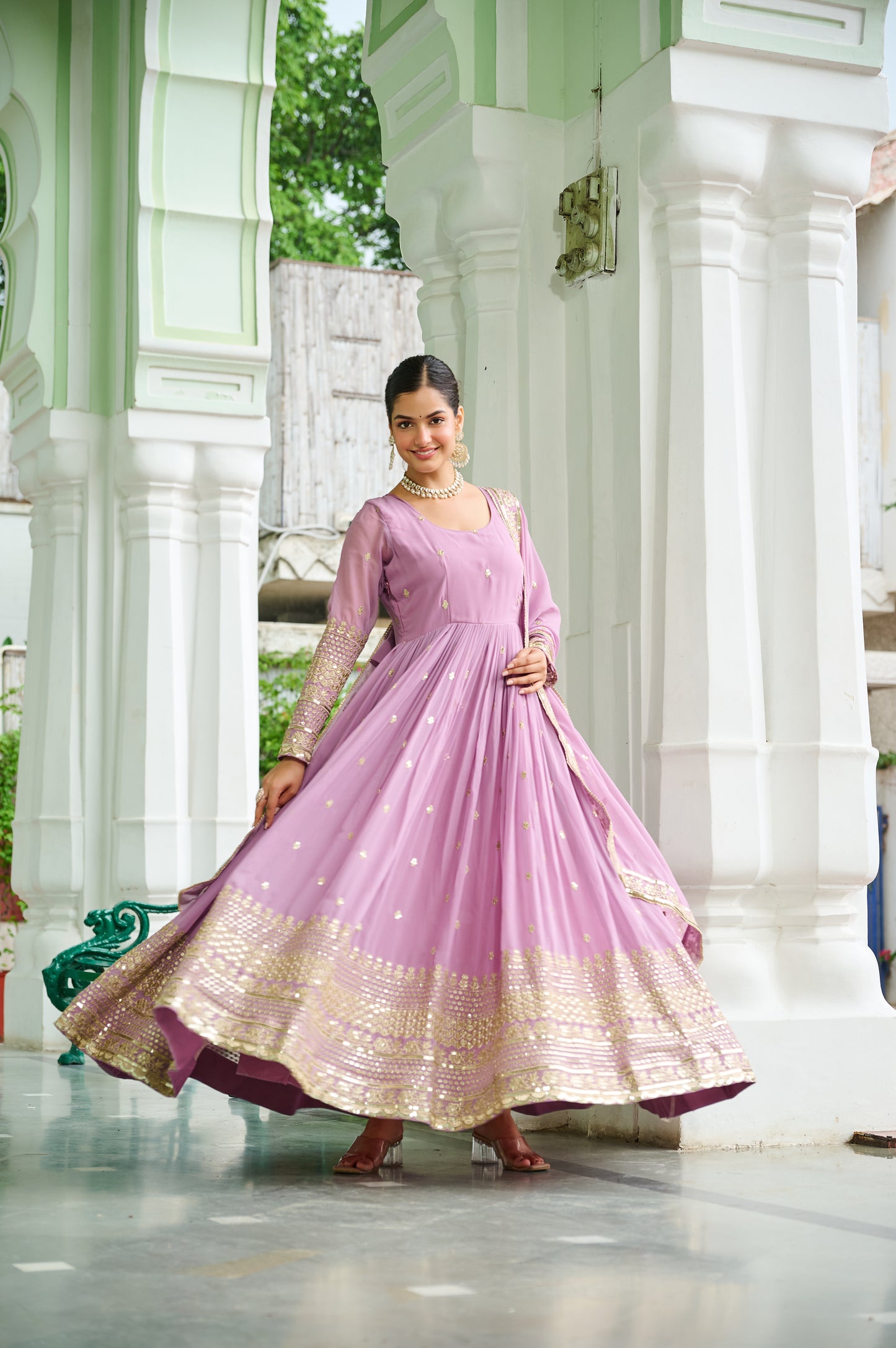 Elegant Dusty Faux Georgette Embroidered Anarkali Gown with Dupatta