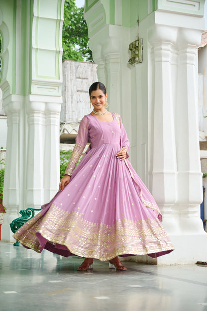 Elegant Dusty Faux Georgette Embroidered Anarkali Gown with Dupatta