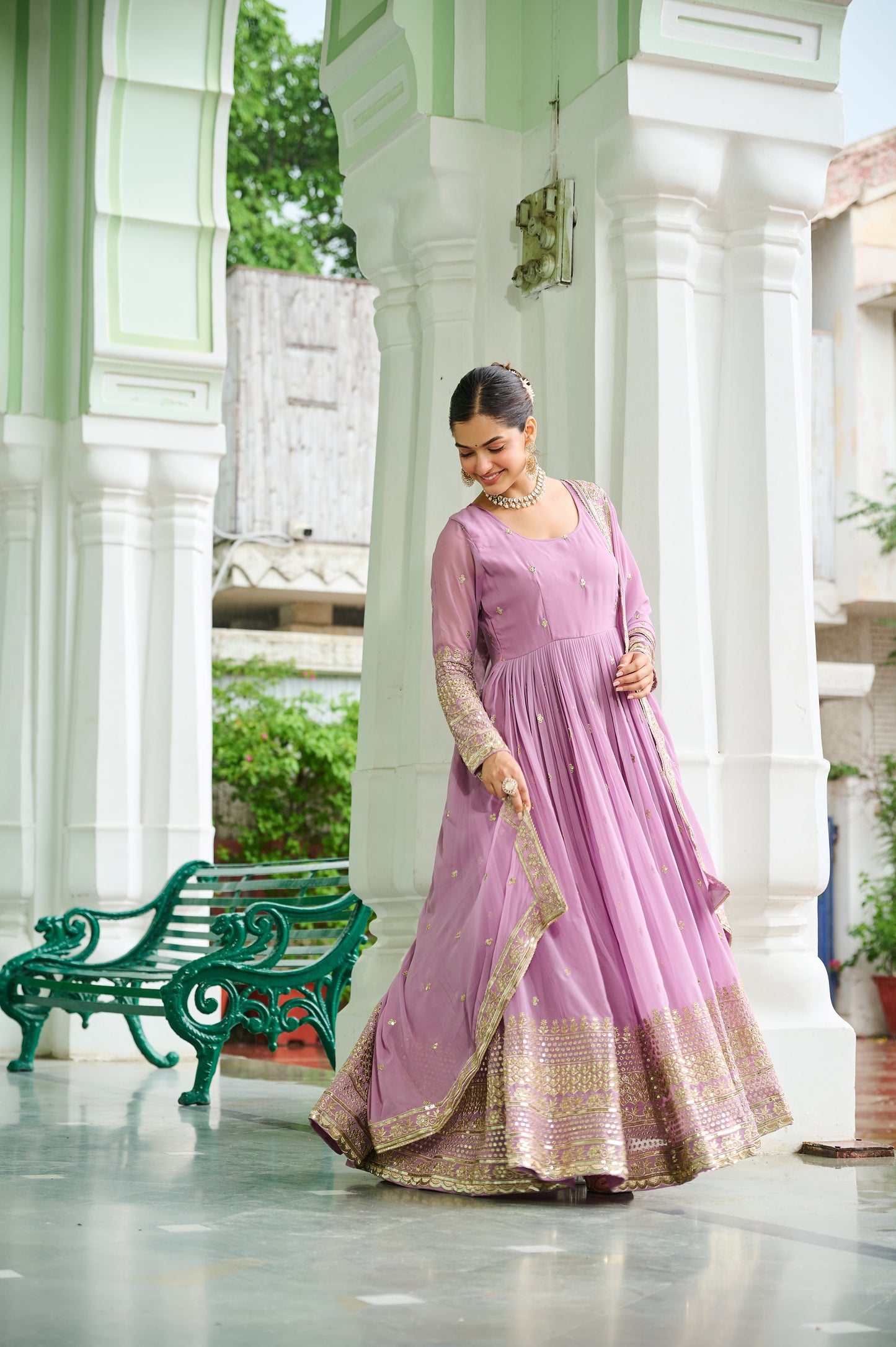 Elegant Dusty Faux Georgette Embroidered Anarkali Gown with Dupatta