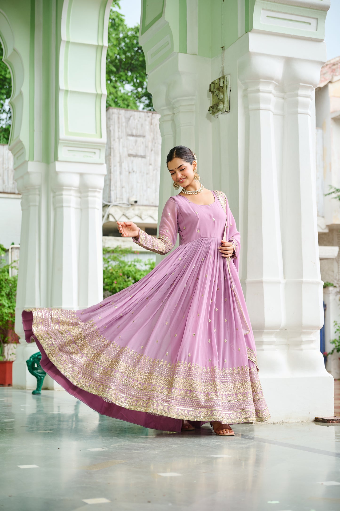 Elegant Dusty Faux Georgette Embroidered Anarkali Gown with Dupatta