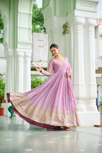 Elegant Dusty Faux Georgette Embroidered Anarkali Gown with Dupatta