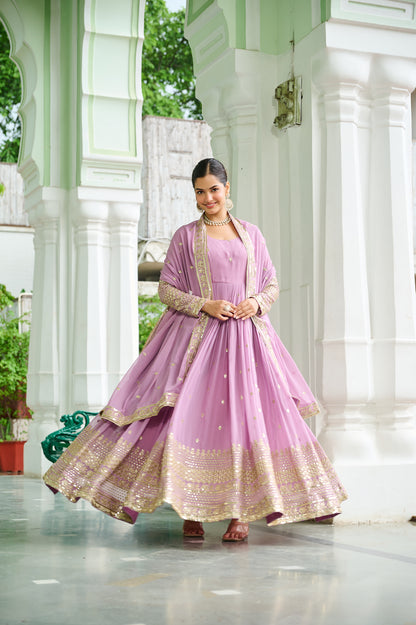 Elegant Dusty Faux Georgette Embroidered Anarkali Gown with Dupatta