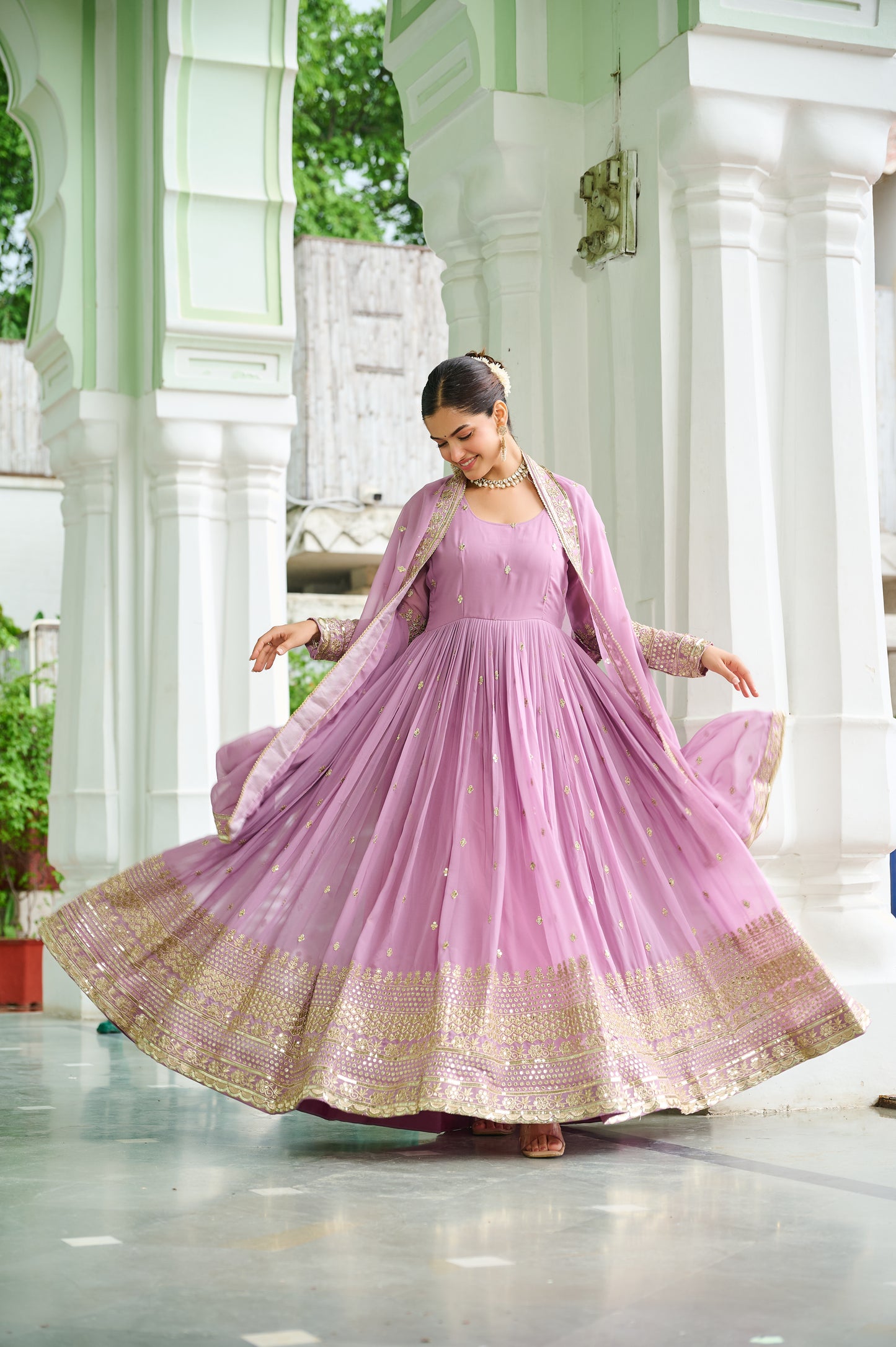 Elegant Dusty Faux Georgette Embroidered Anarkali Gown with Dupatta