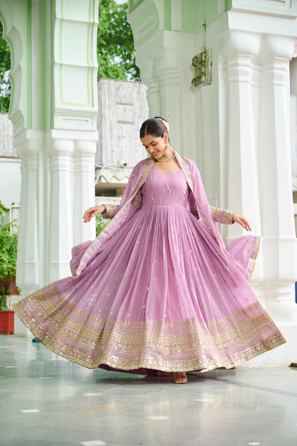 Elegant Dusty Faux Georgette Embroidered Anarkali Gown with Dupatta