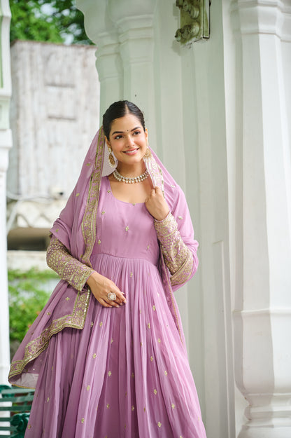 Elegant Dusty Faux Georgette Embroidered Anarkali Gown with Dupatta
