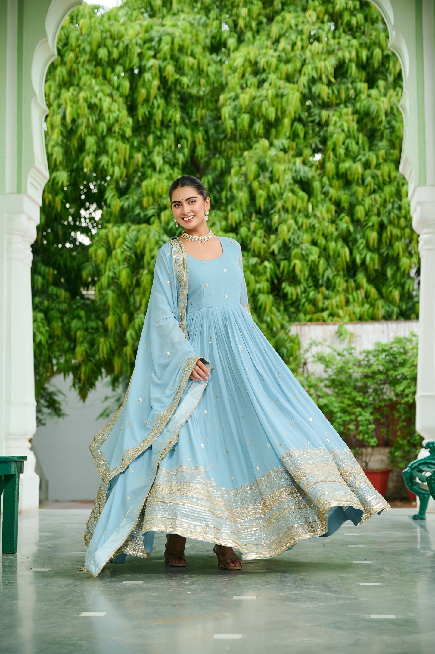 Elegant Dusty Faux Georgette Embroidered Anarkali Gown with Dupatta
