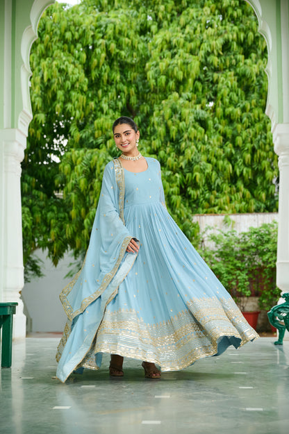 Elegant Dusty Faux Georgette Embroidered Anarkali Gown with Dupatta