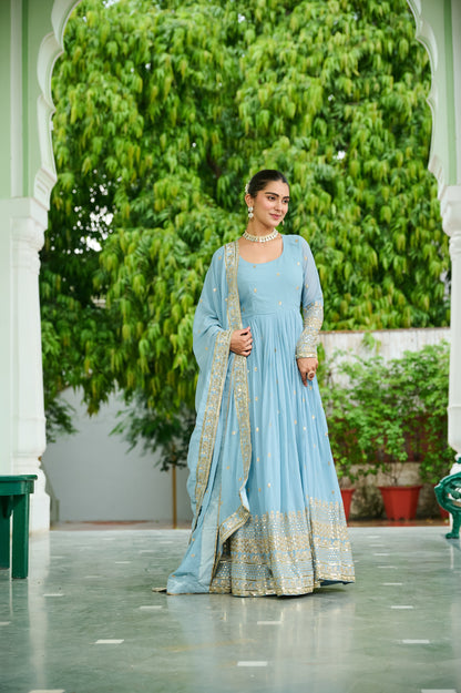 Elegant Dusty Faux Georgette Embroidered Anarkali Gown with Dupatta