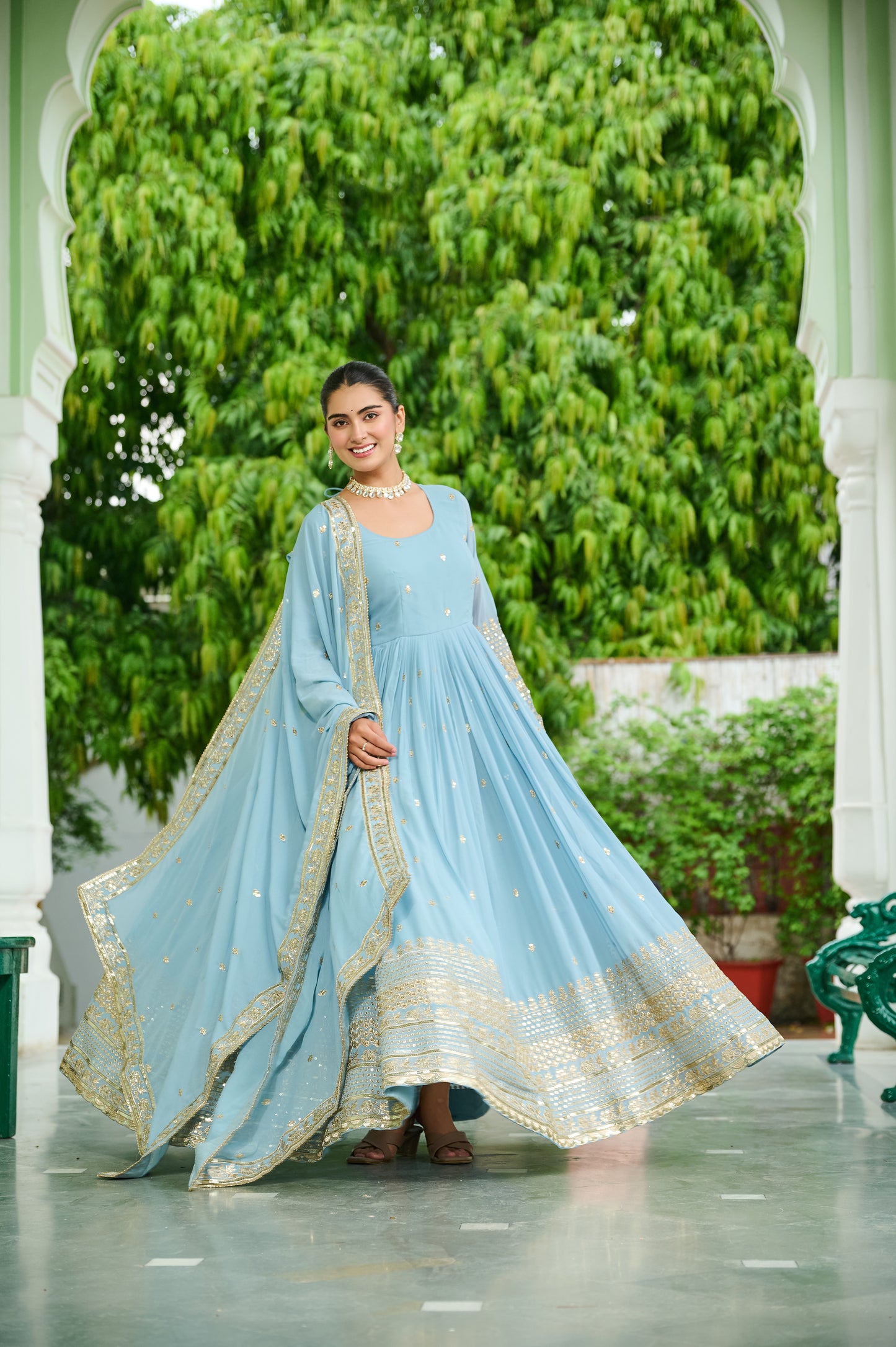Elegant Dusty Faux Georgette Embroidered Anarkali Gown with Dupatta