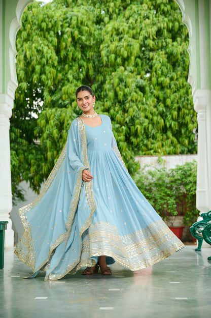 Elegant Dusty Faux Georgette Embroidered Anarkali Gown with Dupatta