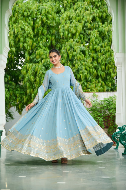 Elegant Dusty Faux Georgette Embroidered Anarkali Gown with Dupatta