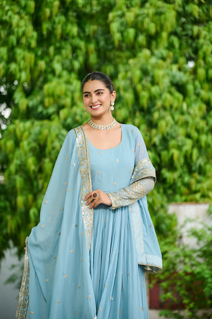 Elegant Dusty Faux Georgette Embroidered Anarkali Gown with Dupatta