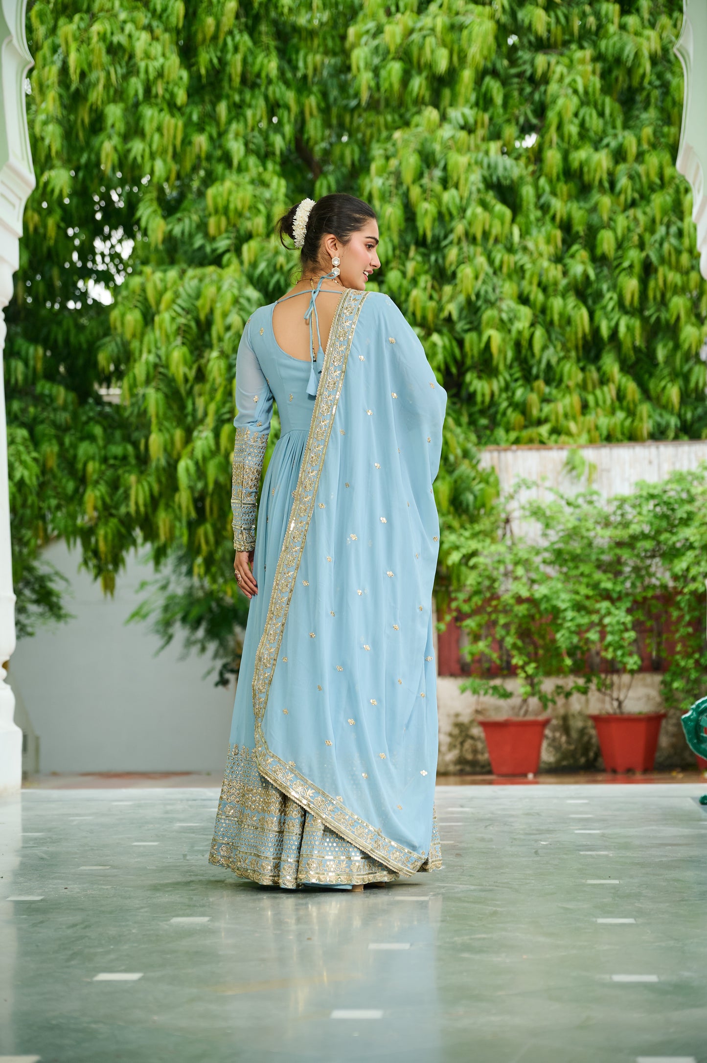 Elegant Dusty Faux Georgette Embroidered Anarkali Gown with Dupatta