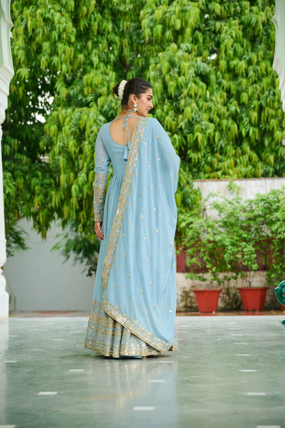 Elegant Dusty Faux Georgette Embroidered Anarkali Gown with Dupatta