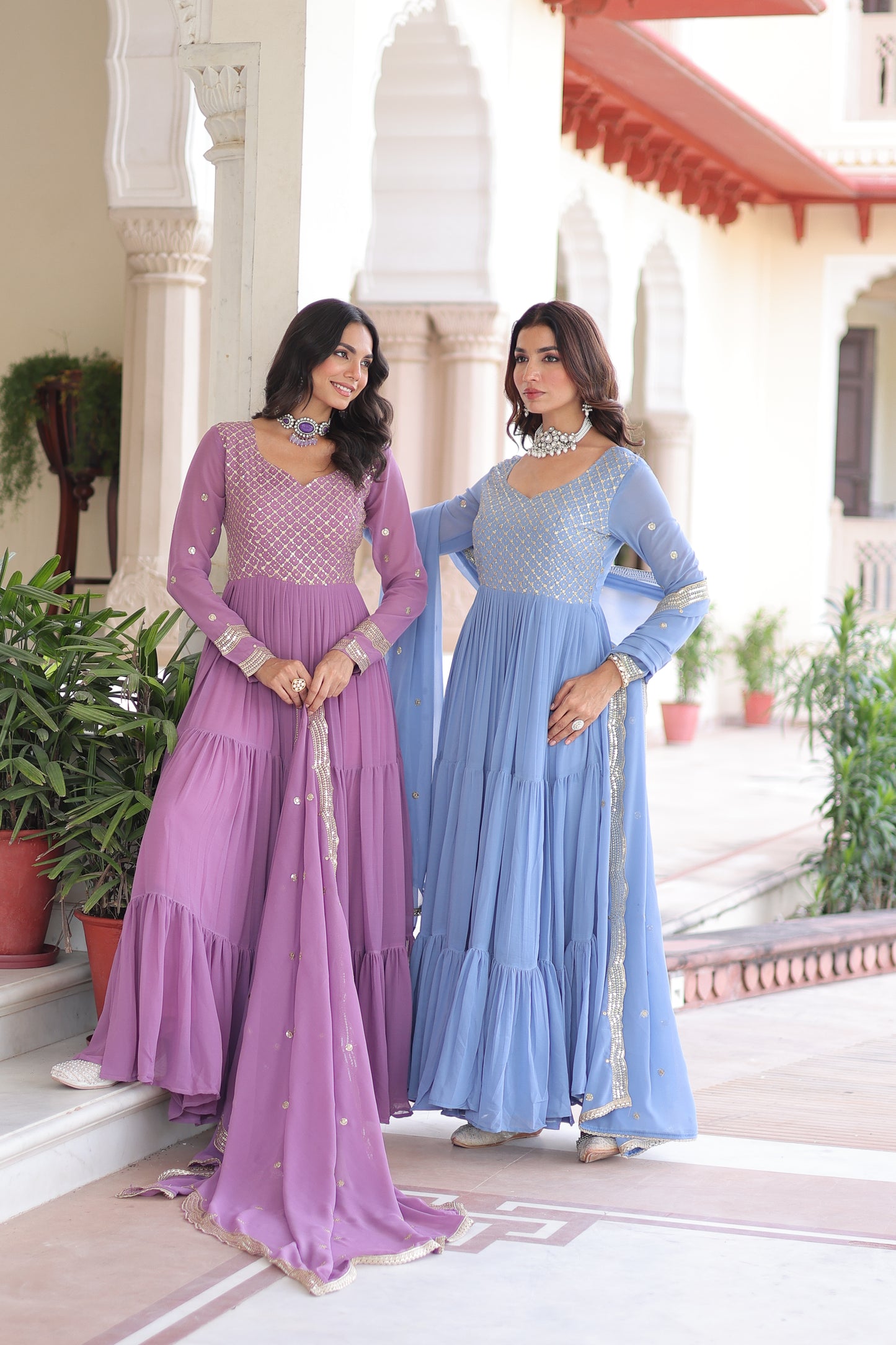 Elegant Faux Georgette 12 Meter Flair Gown with Embroidered Dupatta