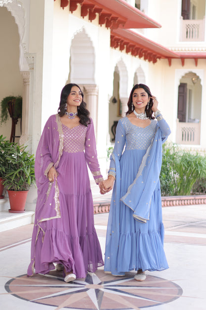 Elegant Faux Georgette 12 Meter Flair Gown with Embroidered Dupatta
