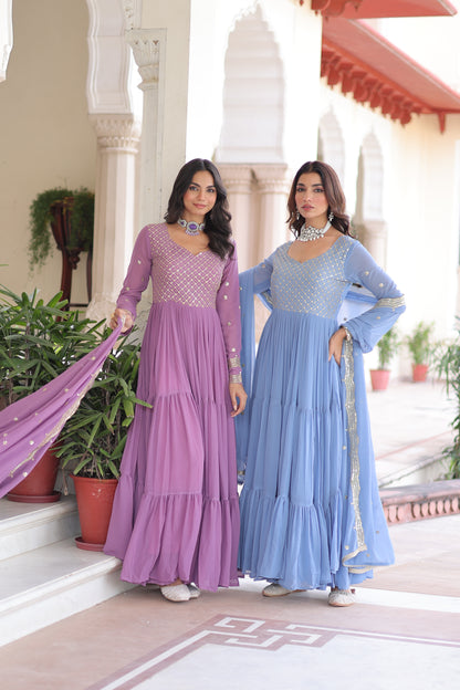 Elegant Faux Georgette 12 Meter Flair Gown with Embroidered Dupatta
