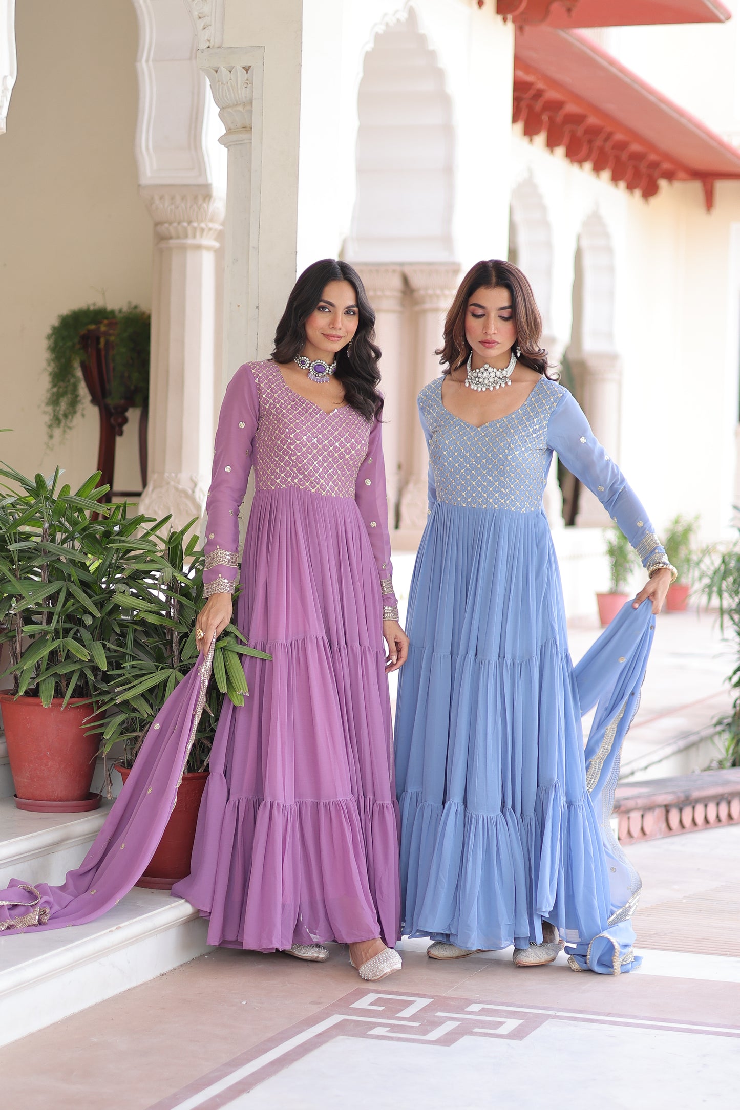 Elegant Faux Georgette 12 Meter Flair Gown with Embroidered Dupatta