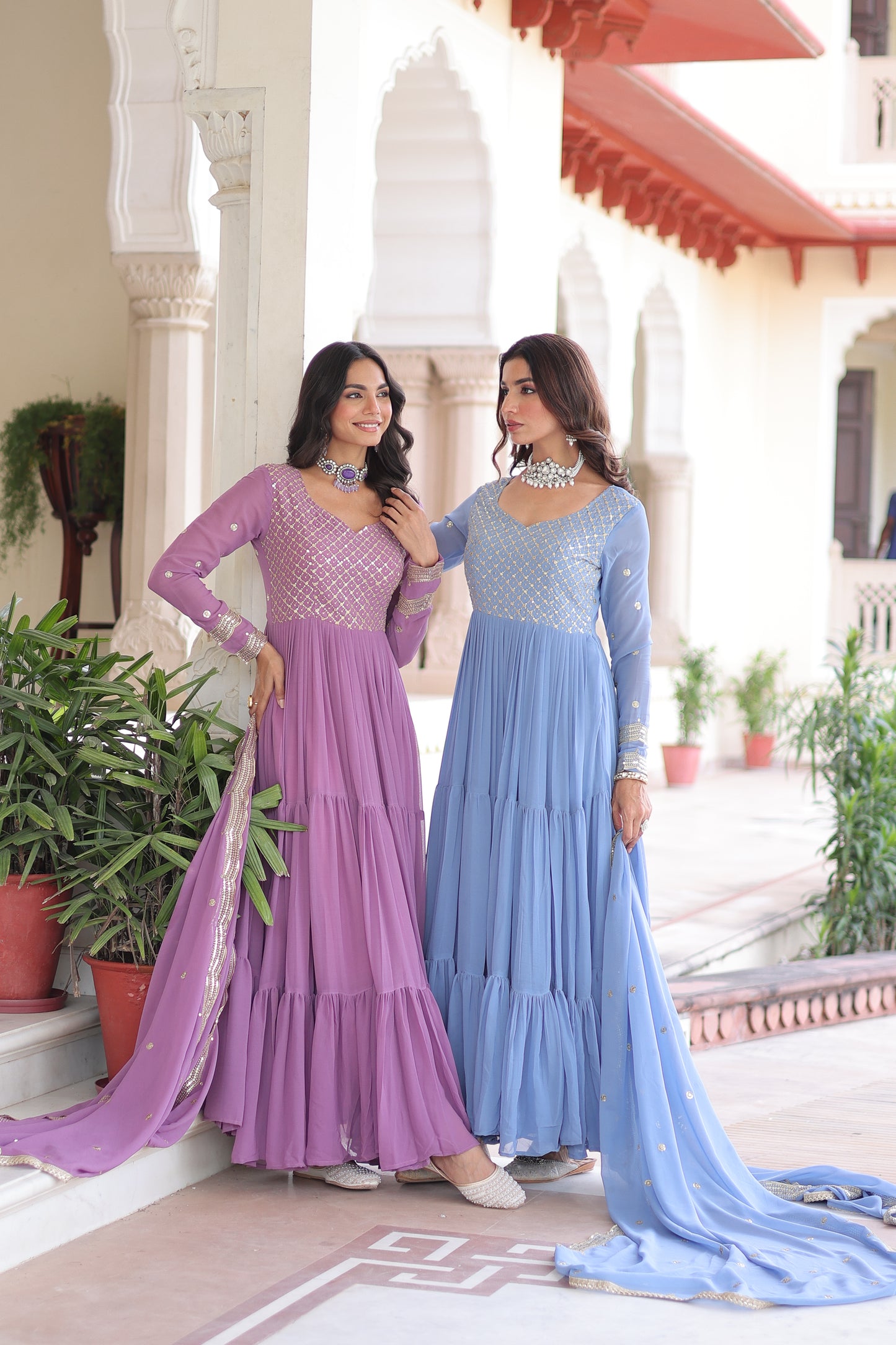 Elegant Faux Georgette 12 Meter Flair Gown with Embroidered Dupatta