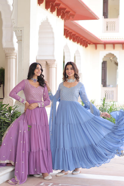 Elegant Faux Georgette 12 Meter Flair Gown with Embroidered Dupatta