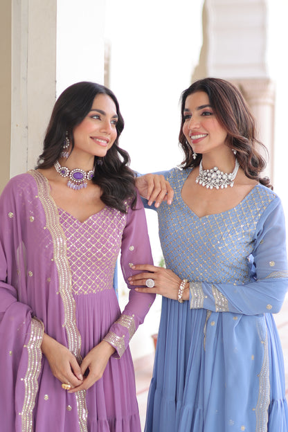 Elegant Faux Georgette 12 Meter Flair Gown with Embroidered Dupatta
