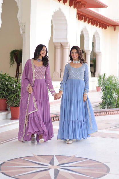 Elegant Faux Georgette 12 Meter Flair Gown with Embroidered Dupatta