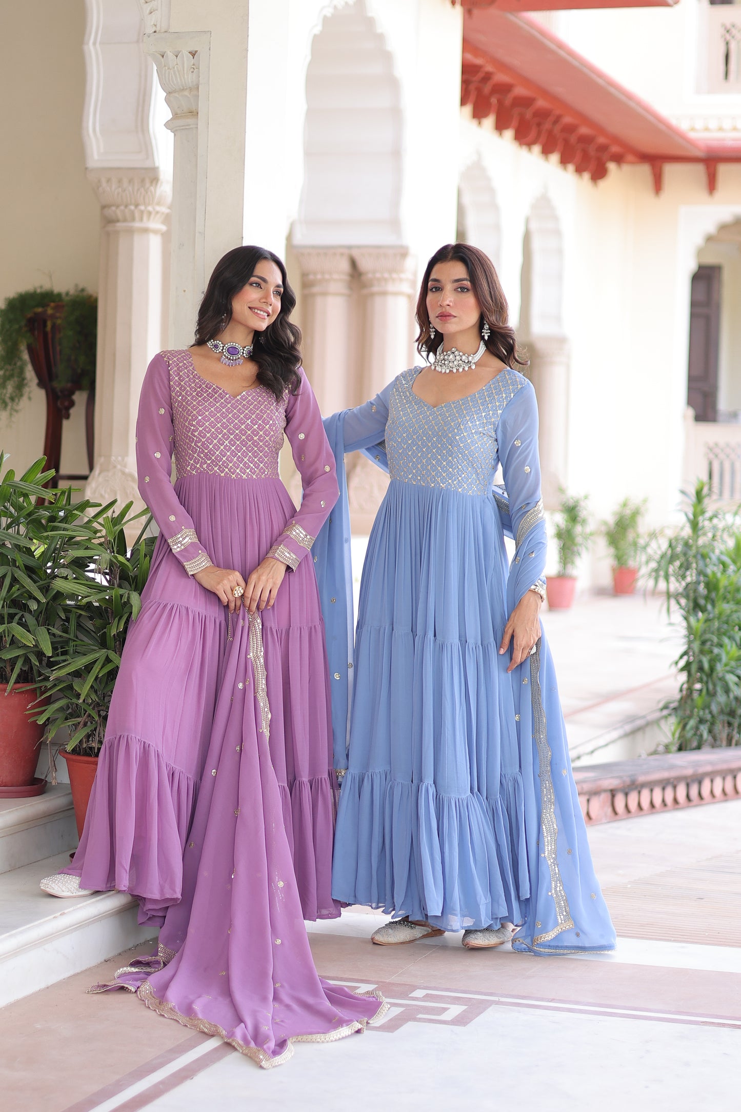 Elegant Faux Georgette 12 Meter Flair Gown with Embroidered Dupatta