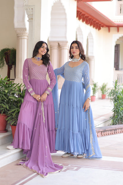 Elegant Faux Georgette 12 Meter Flair Gown with Embroidered Dupatta