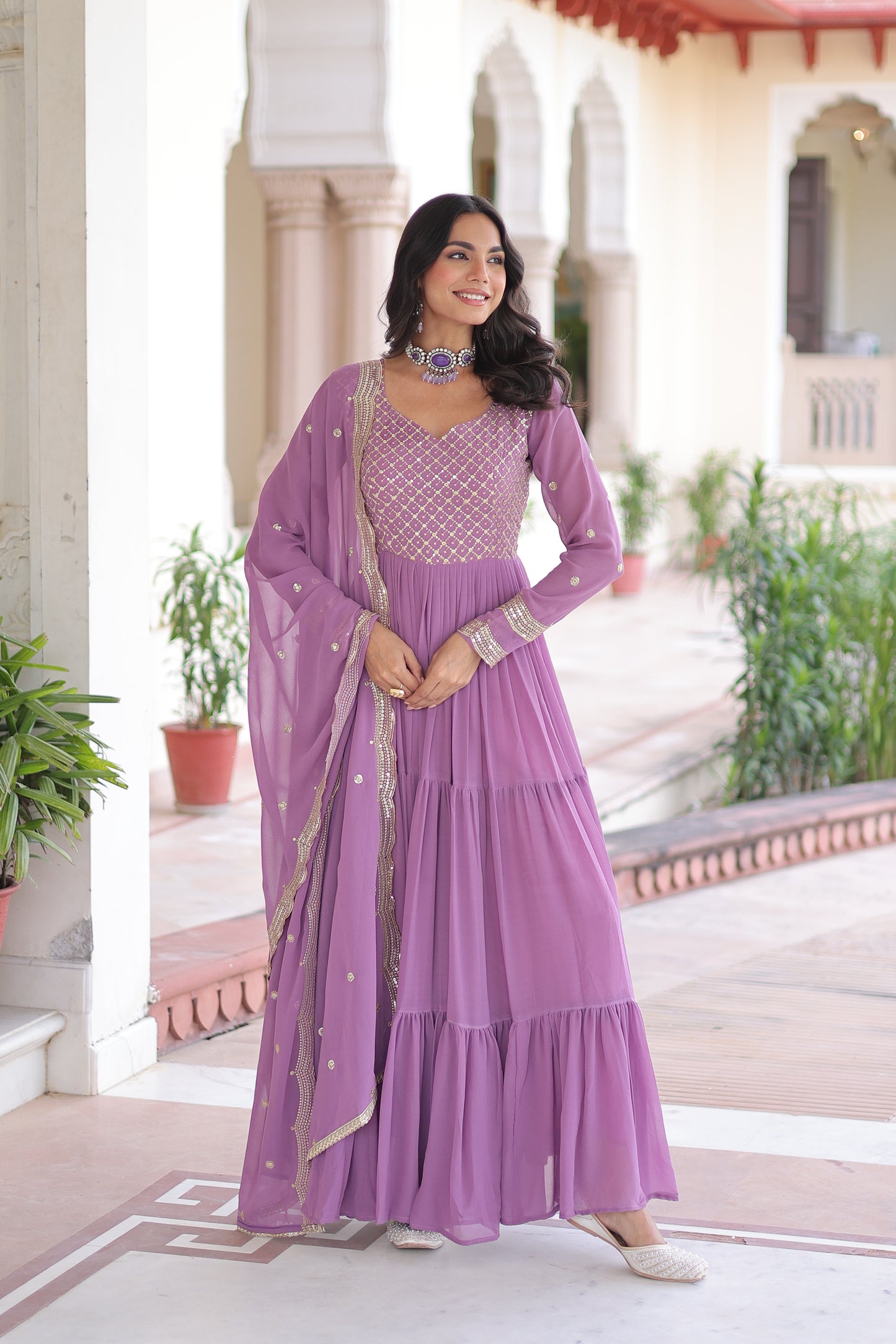 Elegant Faux Georgette 12 Meter Flair Gown with Embroidered Dupatta