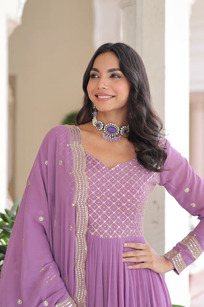 Elegant Faux Georgette 12 Meter Flair Gown with Embroidered Dupatta
